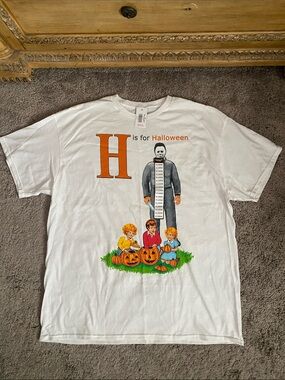 NWT Spirit White Halloween Graphic Tee with Orange Letter H